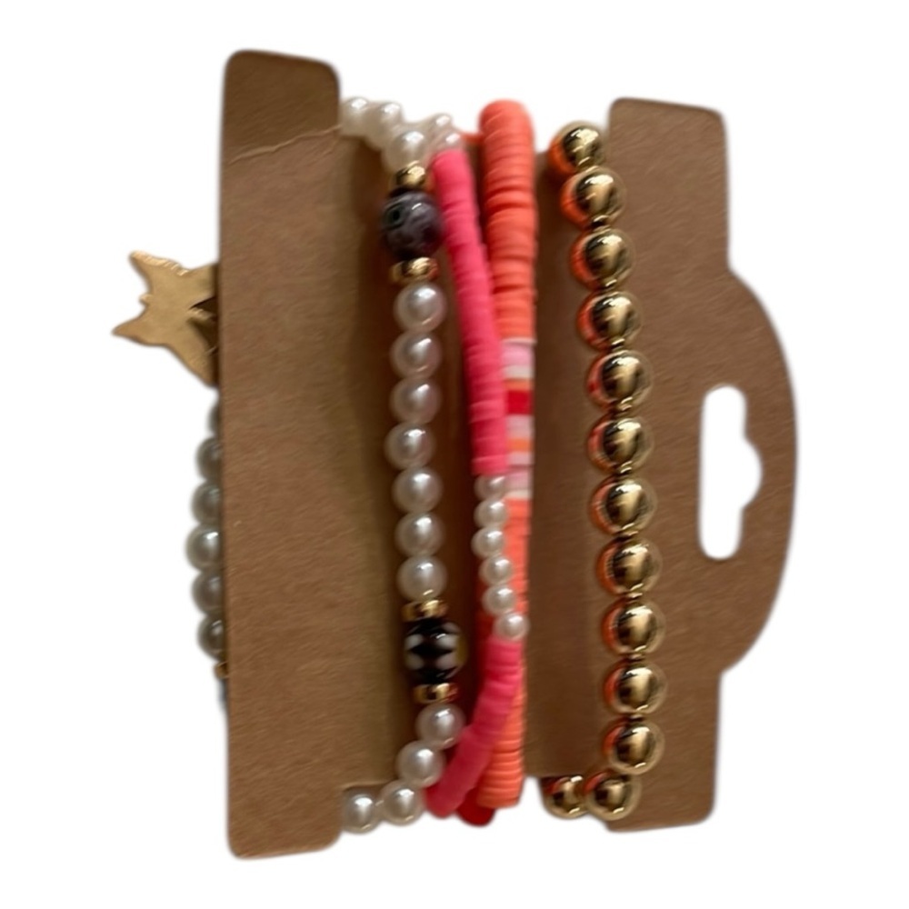Elastic Gold and Pink Beaded Bracelet Set - Picture 2 of 5
